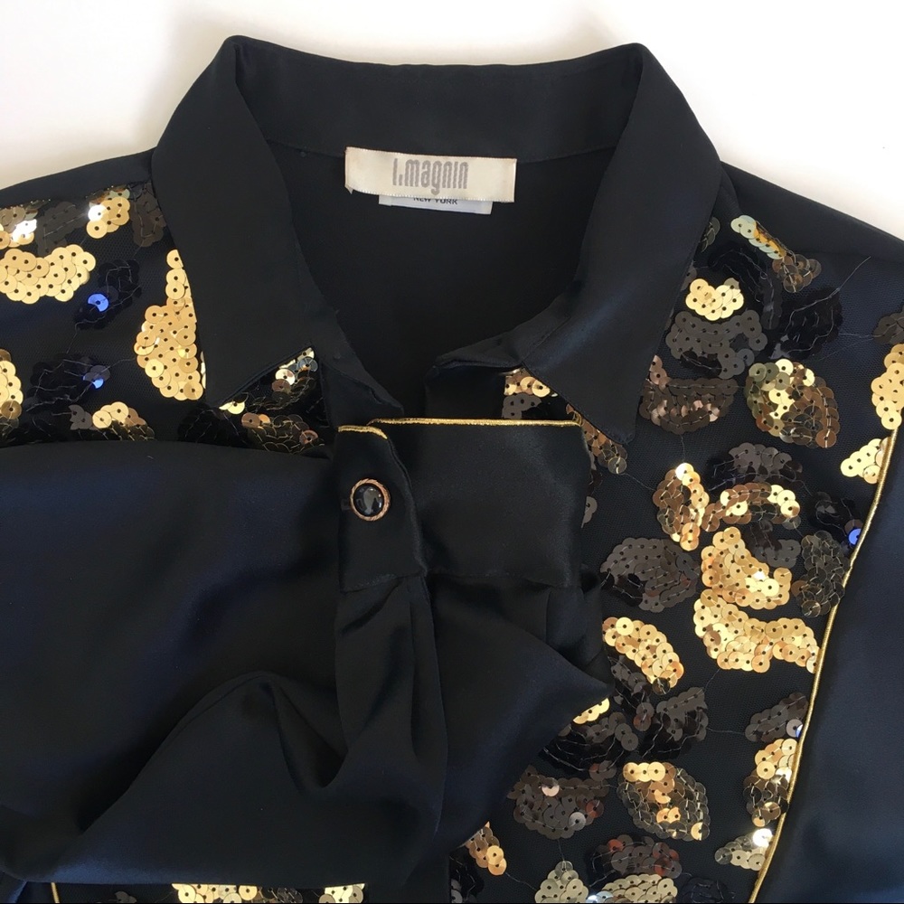 Vintage I. Magnin Jamboree of NY Black Blouse Gold trim & sequins USA L/XL - Picture 7 of 7